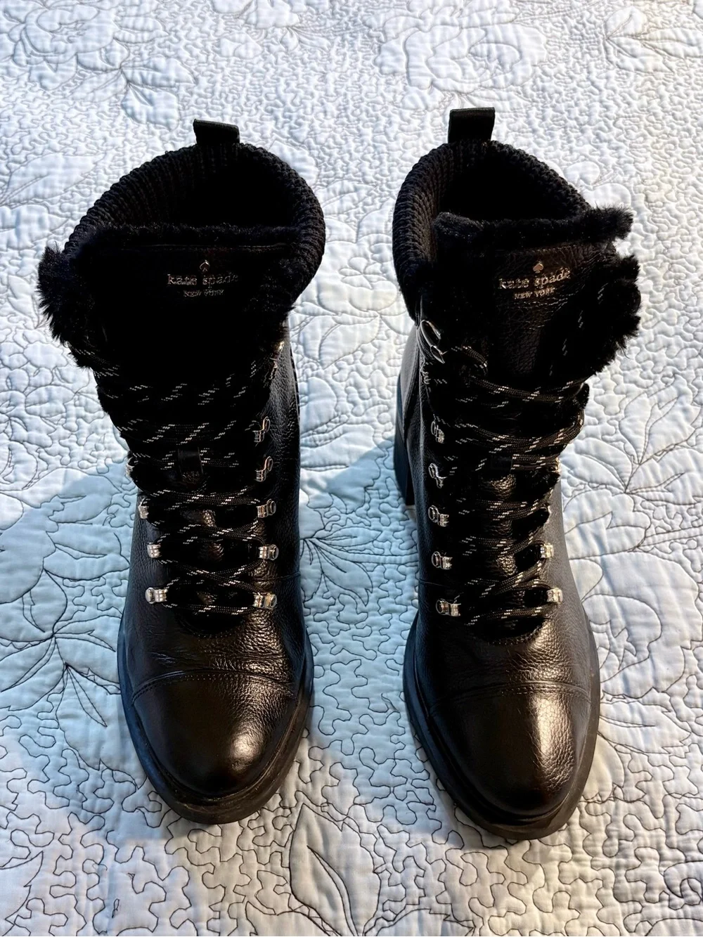 💥Kate Spade Walker Black Leather Faux Fur Knit Collar Heeled Booties Sz 10B🧡